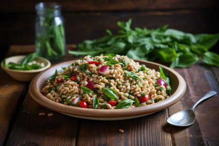 farro salad on a rustic wooden table in natural light, created with generative aiの素材
