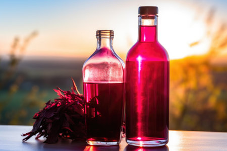 vibrant, fermented beetroot kvass in a glass bottle, silhouetted against sunlight, created with generative aiの素材