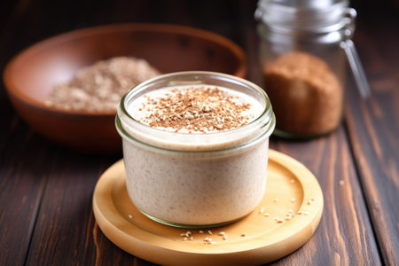 flaxseed smoothie with a layer of cream on a wooden round table, created with generative aiの素材