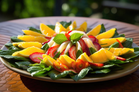 citrus fruit salad on a leaf-shaped ceramic plate, created with generative aiの素材