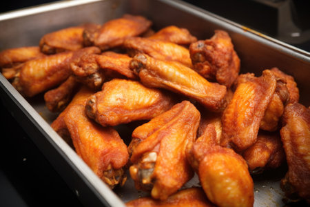 close-up shot of fried chicken wings inside a takeaway box, created with generative aiの素材