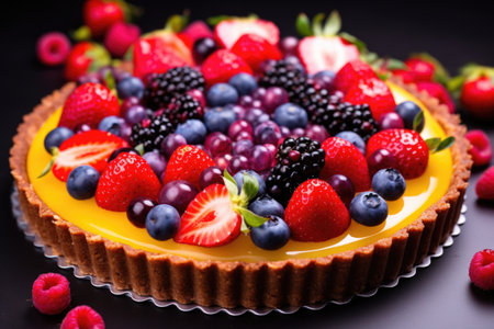 close-up shot of mixed fruit tart, with colorful berries on top, created with generative aiの素材