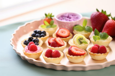 mini fruit tarts arranged on a pastel pink tray, created with generative aiの素材