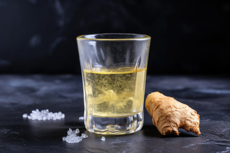 ginger shot in a stone shot glass on a granite surface, created with generative aiの素材
