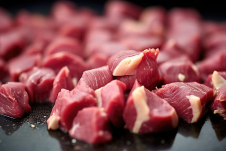 close-up of garlic cloves on raw steak tips, created with generative aiの素材