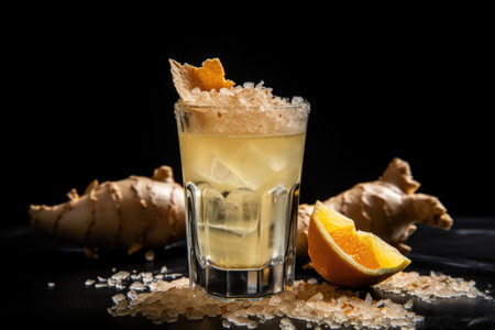 close view of a ginger shot with crumbled ginger pieces, created with generative aiの素材