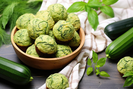 zucchini gluten-free muffins surrounded by fresh zucchinis, created with generative aiの素材