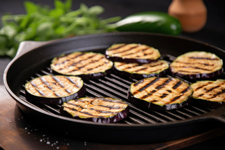 a black grill pan with round grilled eggplant slices, created with generative aiの素材