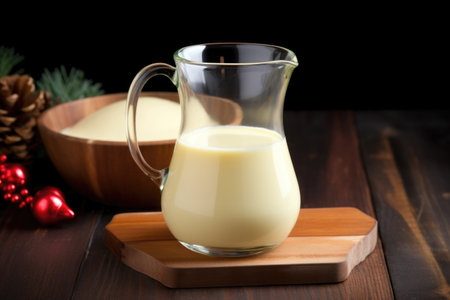eggnog poured from a glass jug on a wooden table, created with generative aiの素材