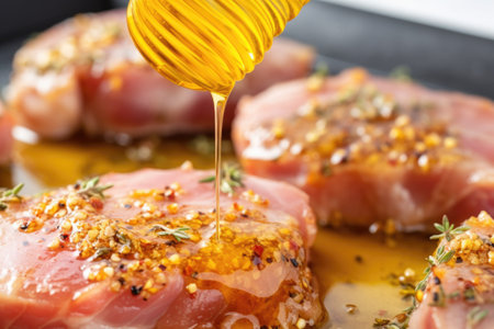 close-up of honey and mustard drizzled on raw pork chops, created with generative aiの素材