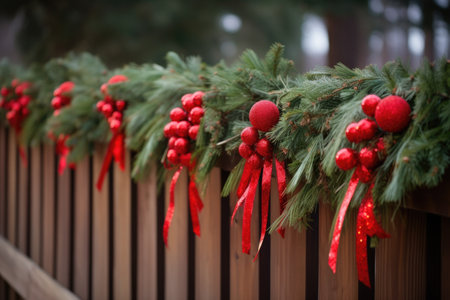 pine garlands draped along a wooden fence, created with generative aiの素材