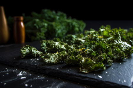 kale chips on a black countertop, subtle lighting, created with generative aiの素材