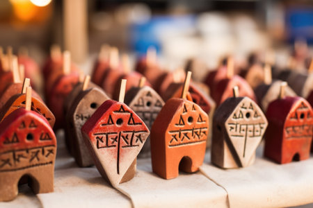 close-up of homemade dreidels crafted from clay, created with generative aiの素材