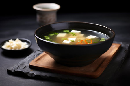 white bowl of miso soup on a dark stone table, created with generative aiの素材