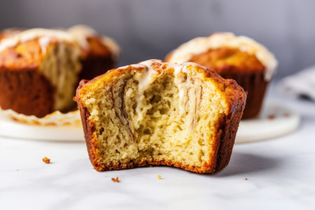 banana muffin cut in half, showing moist interior, created with generative aiの素材