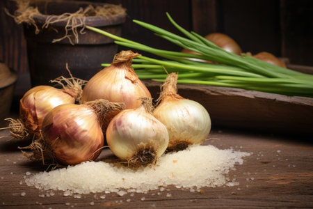 close-up of freshly picked onions with soil on a wooden table, created with generative aiの素材