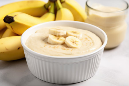 close-up of a bowl filled with banana mush, created with generative aiの素材