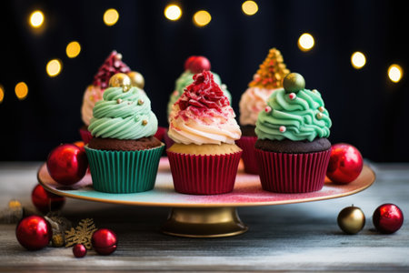 a variety of christmas-themed cupcakes on a stand, created with generative aiの素材