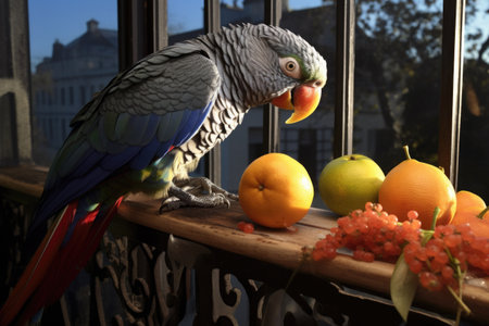 a parrot nibbling on a fruit while sitting on a balcony railing in the morning, created with generative aiの素材
