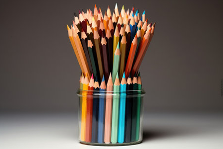 pencils in a kids boot arranged in a gradient of colors, created with generative aiの素材