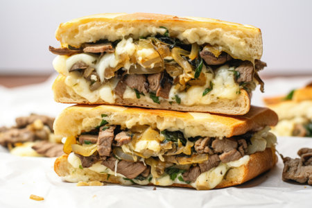 three philly cheesesteak stacked high, showing the layering of ingredients, created with generative aiの素材
