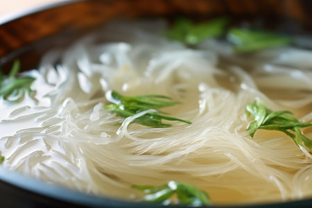 macro shot of rice noodles soaked in pho broth, created with generative aiの素材
