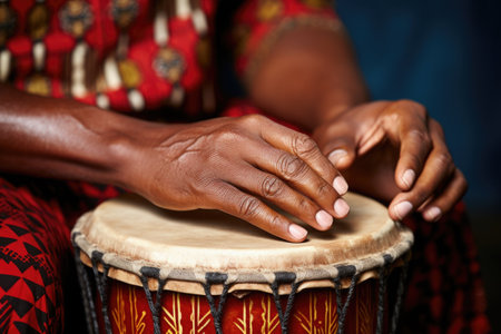close-up of hand playing african drum, created with generative aiの素材