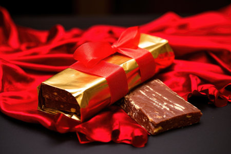 protein bars with a golden wrapper on a red cloth, created with generative aiの素材
