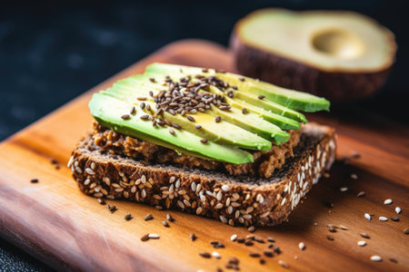 a slice of whole grain bread topped with avocado, created with generative aiの素材