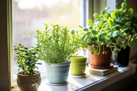 small jade plants by a bright loft apartment window, created with generative aiの素材