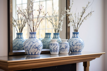 handpainted porcelain vases on a mirrored console table, created with generative aiの素材