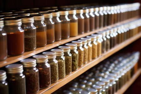 rows of neatly lined up tea and coffee jars, created with generative aiの素材