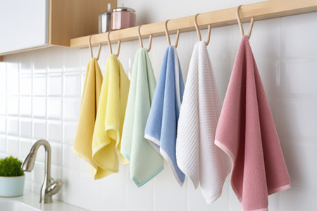 clean kitchen towels hanging from hooks, created with generative aiの素材