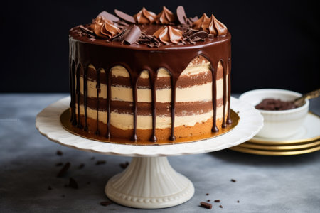 drip cake with generous ganache on a cake stand, created with generative aiの素材