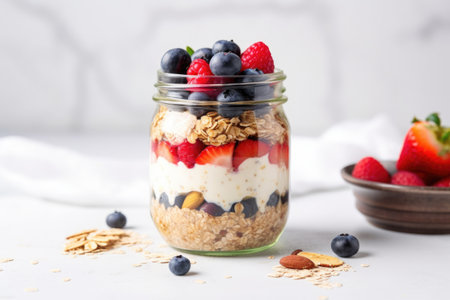 glass jar filled with overnight oats, berries, and nuts, created with generative aiの素材