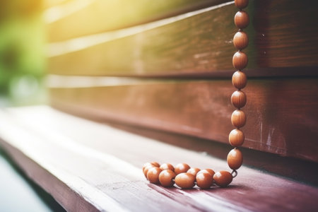 close-up of a rosary on a church wooden pew, created with generative aiの素材