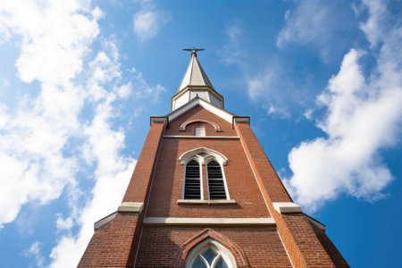 a tall steeple of a red brick church from a low angle, created with generative aiの素材