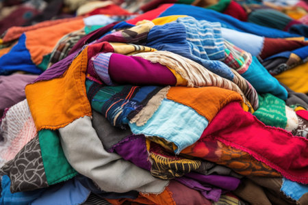 colorful patchwork blanket made from old clothes, created with generative aiの素材