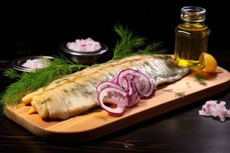 board with pickled herring and onions, created with generative aiの素材