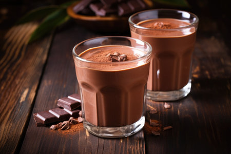two cups of hot chocolate on a wooden table, created with generative aiの素材