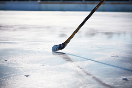 ice hockey stick split down the middle, on rink, created with generative aiの素材