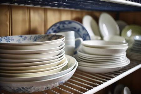 freshly washed dishes drying on a rack, created with generative aiの素材