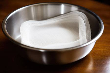 close-up of a gauze pad in stainless bowl, created with generative aiの素材