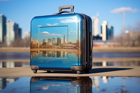closed hard-shell suitcase with a cityscape reflection, created with generative aiの素材