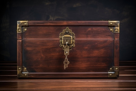 closed wooden box with a brass key on top, created with generative aiの素材