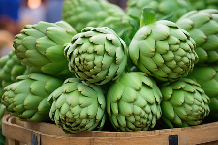 freshly harvested artichokes displayed on a farmers market stall, created with generative aiの素材
