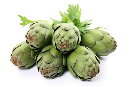 freshly picked artichokes arranged on a white background, created with generative aiの素材