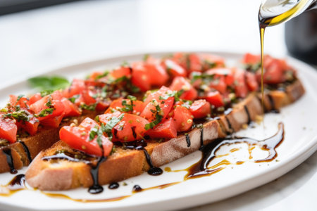 a close-up of bruschetta drizzle with olive oil on white plate, created with generative aiの素材