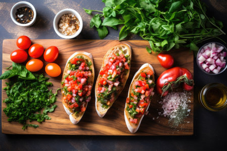 overhead view of bruschetta on a board alongside raw ingredients, created with generative aiの素材