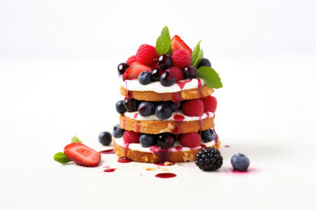 stack of mixed berries bruschetta on a minimalist white backdrop, created with generative aiの素材